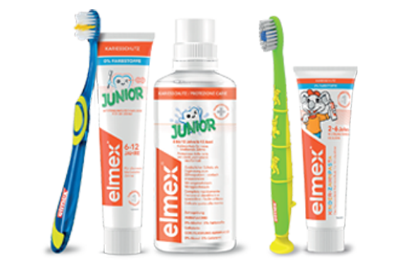 Produits Elmex pour enfants, cepillo, crème et enjuague buccale.