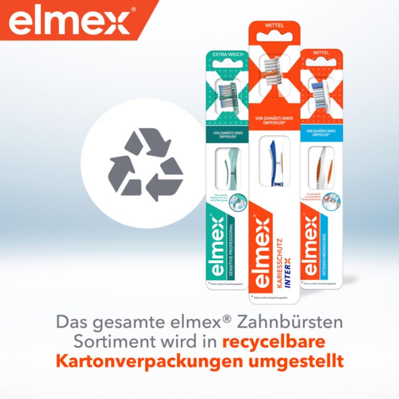 Das gesamte elmex® Zahnbürsten Sortiment wird in recycelbare Kartonverpackungen umgestellt