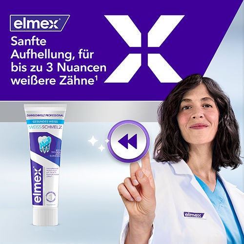 Zahnärztin mit elmex Produkt und Text zur sanften Aufhellung bis zu 3 Nuancen.