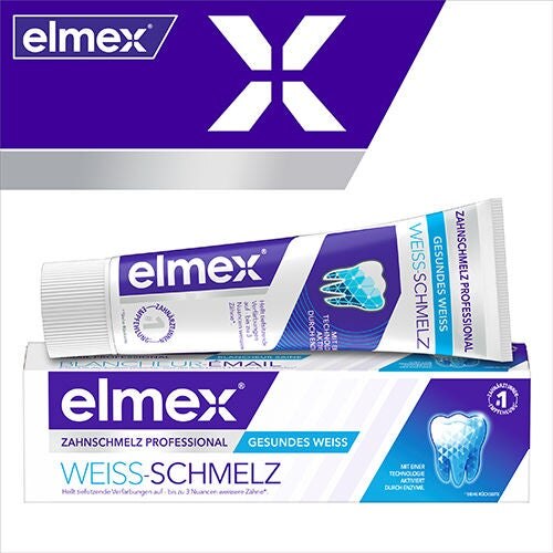 elmex Weiss-Schmelz Zahnpasta und Verpackung auf weiß-violettem Hintergrund.