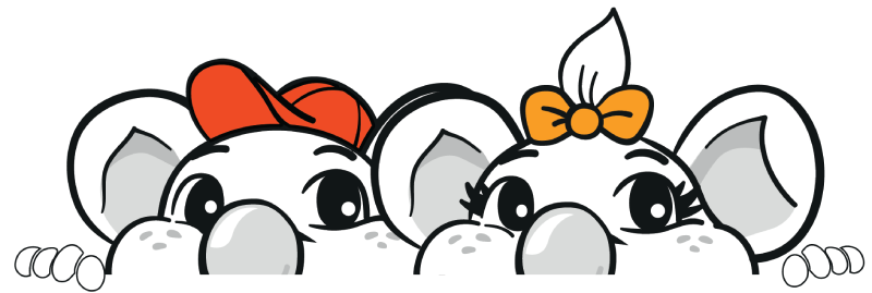 Eine Nahaufnahme der zwei lächelnden Mäuse-Maskottchen (Elmy und Mexy), die neugierig über einen weißen Rand schauen.