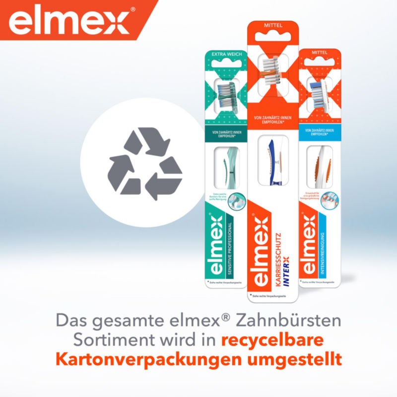 Das gesamte elmex® Zahnbürsten Sortiment wird in recycelbare Kartonverpackungen umgestellt