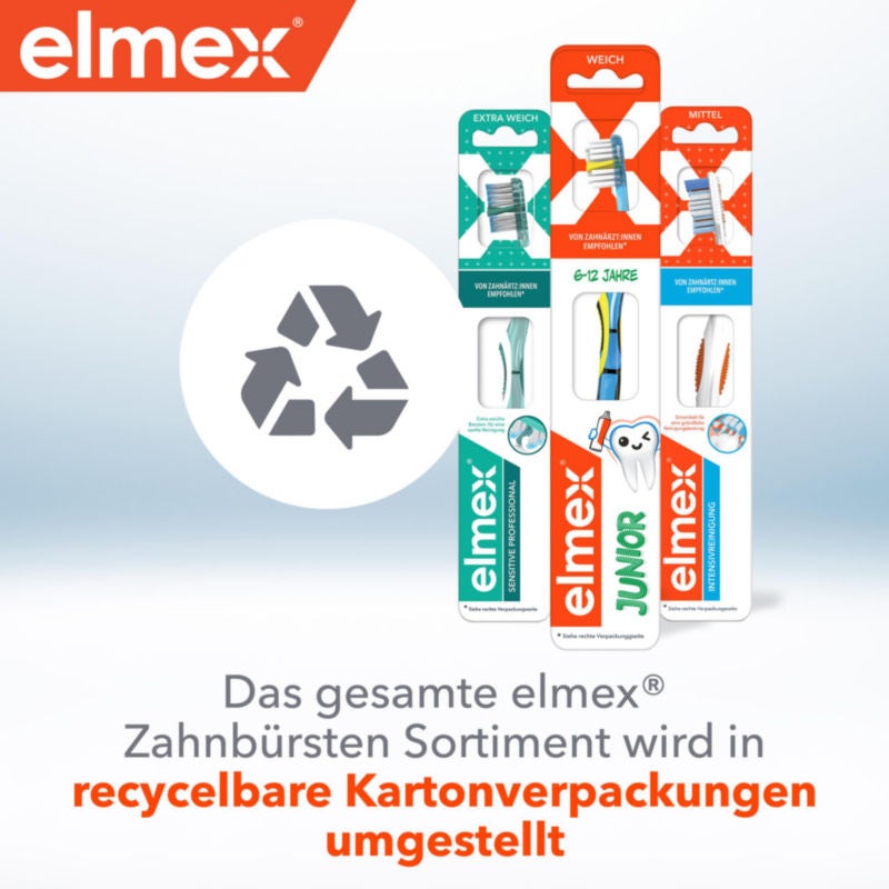 Das gesamte elmex® Zahnbürsten Sortiment wird in / recycelbare Kartonverpackungen umgestellt
